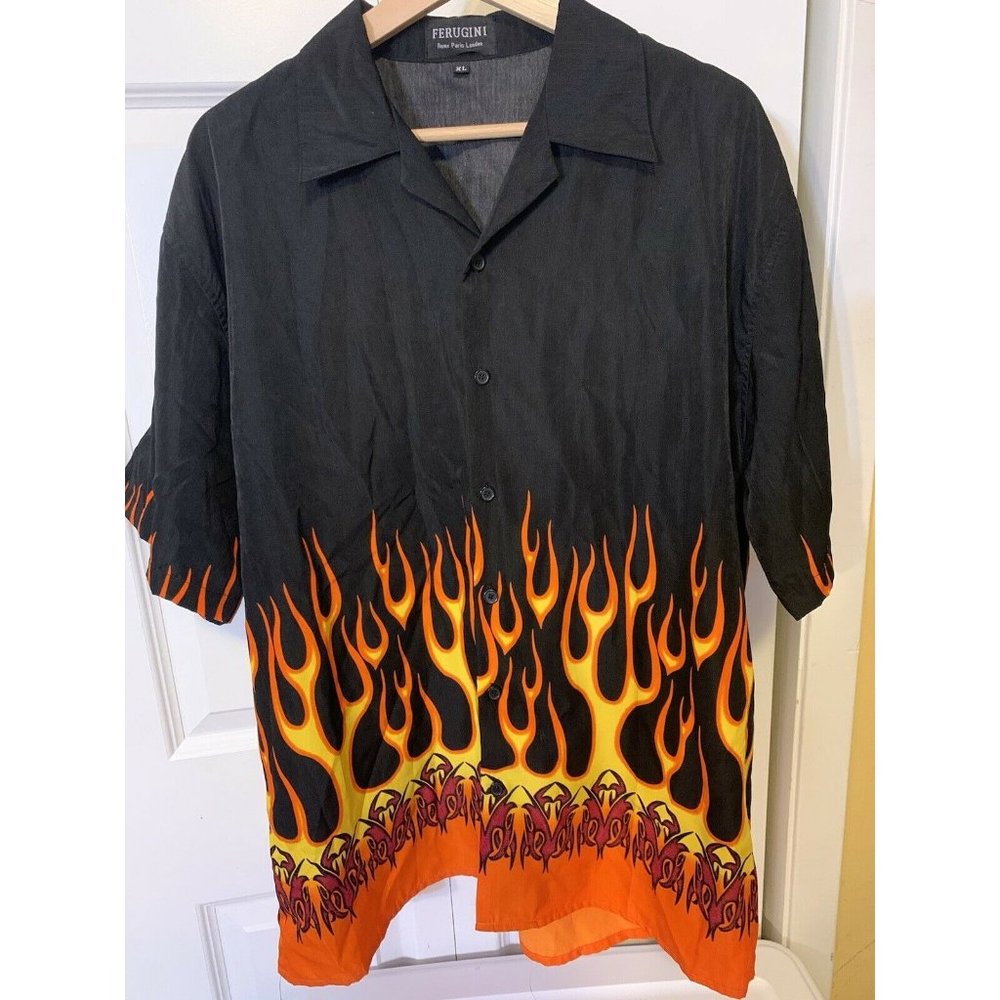 FERUGINI Rome Paris London Fire Flames Men’s Sz XL Button Shirt‎ Black Orange